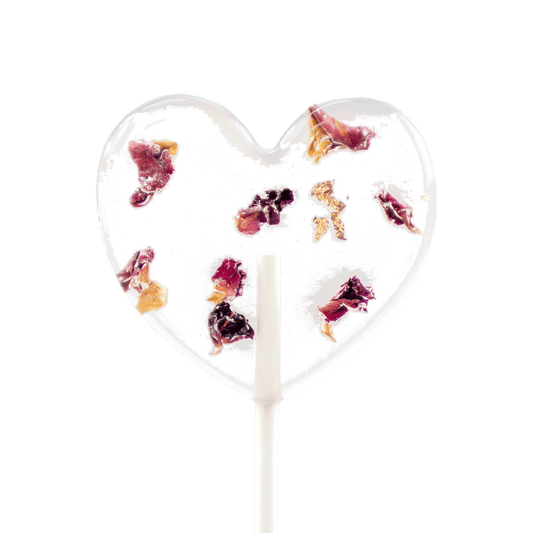 herzförmiger Blütenlolli mit roten Rosenblättern und  Blattgold Bloom Amour