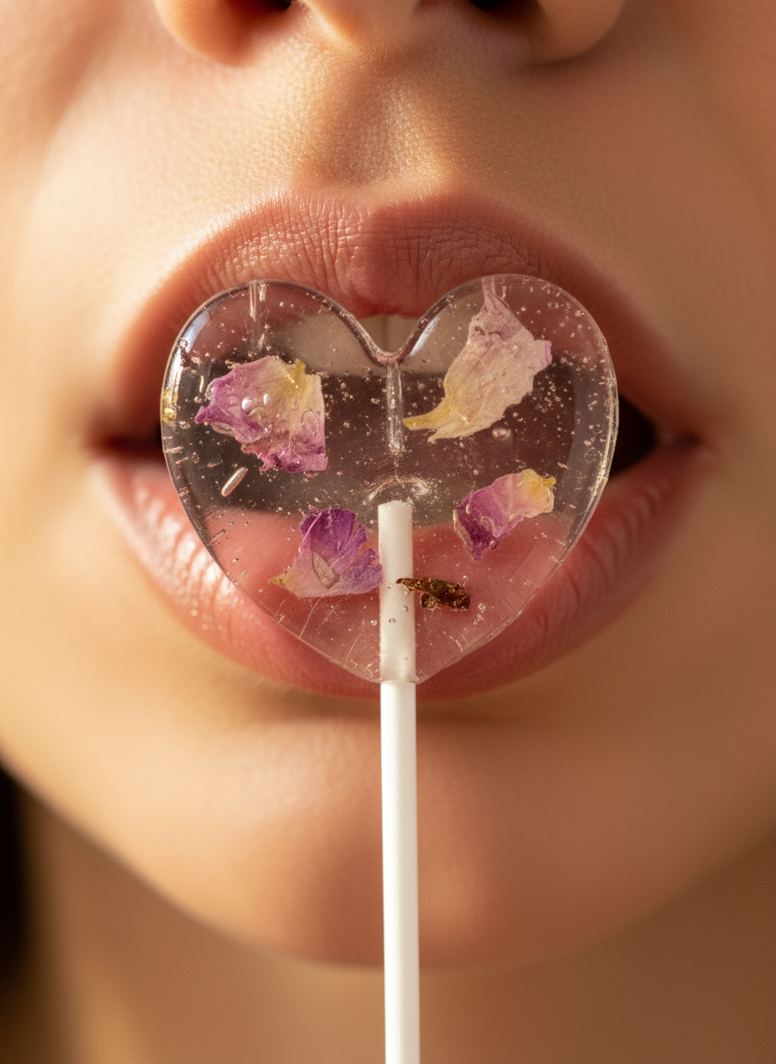 Blütenlolly Lovestory vor Mund
