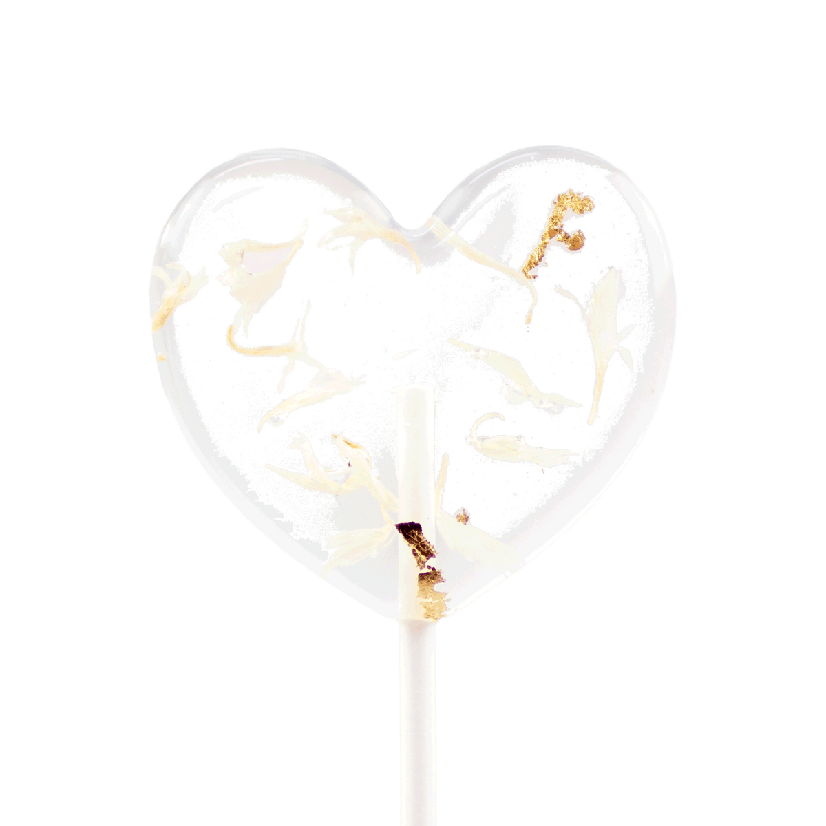 Blütenlolli Herzform True Love weiße Kornblumenblüten und Blattgold