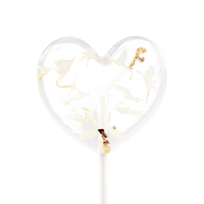 Blütenlolli Herzform True Love weiße Kornblumenblüten und Blattgold