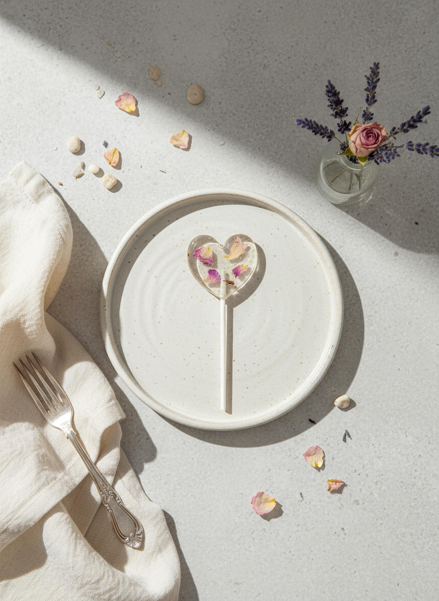 Blütenlolli Herz Lovestory mit Rosenblättern auf Teller