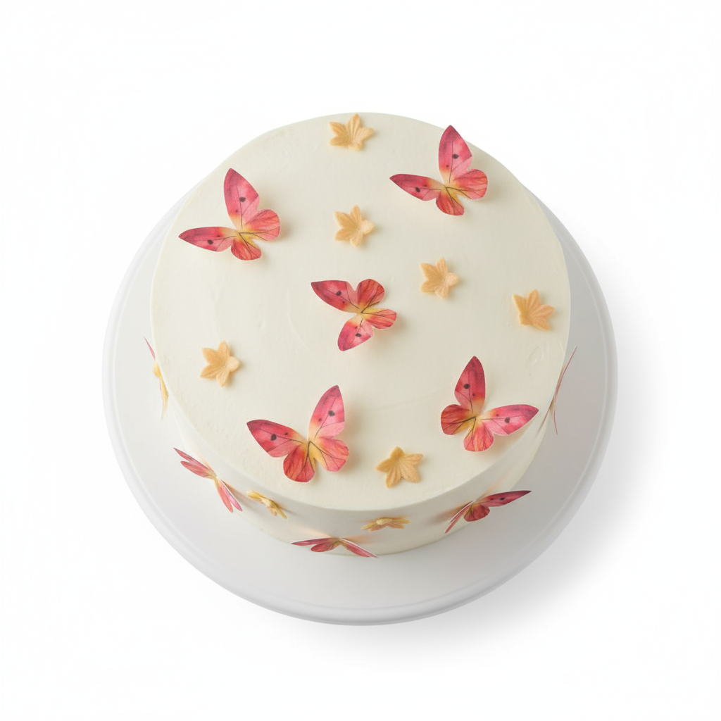 essbare Oblatendekoration Schmetterlinge und Blumen Orange Pink auf  einer hellen Torte dekoriert