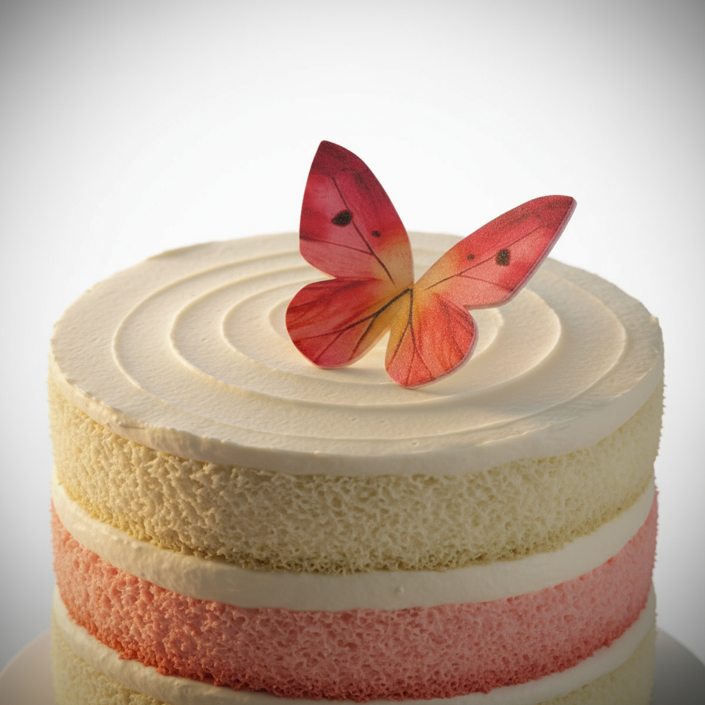 einzelner Schmetterling orange pink auf einer hellen Torte