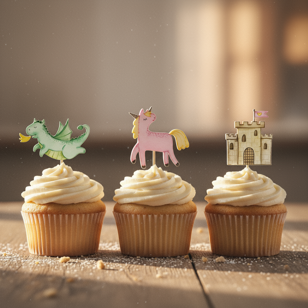 3 Cupcakes Mit Oblaten Drache, Einhorn, Schloss