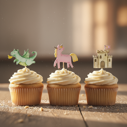 3 Cupcakes Mit Oblaten Drache, Einhorn, Schloss