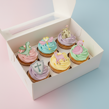 CupCakes mit Motivoblaten Prinzessin und Ritter in CupCakeschachtel pastellfarben