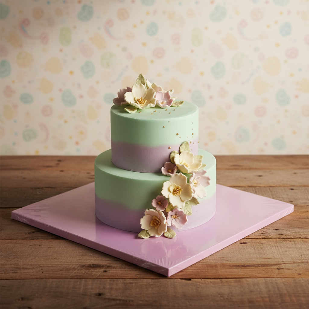 Tortenplatte quadratisch pastelllila mit grün lila Torte