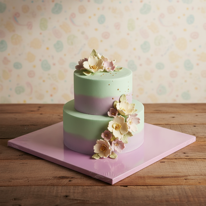 Tortenplatte quadratisch pastelllila mit grün lila Torte