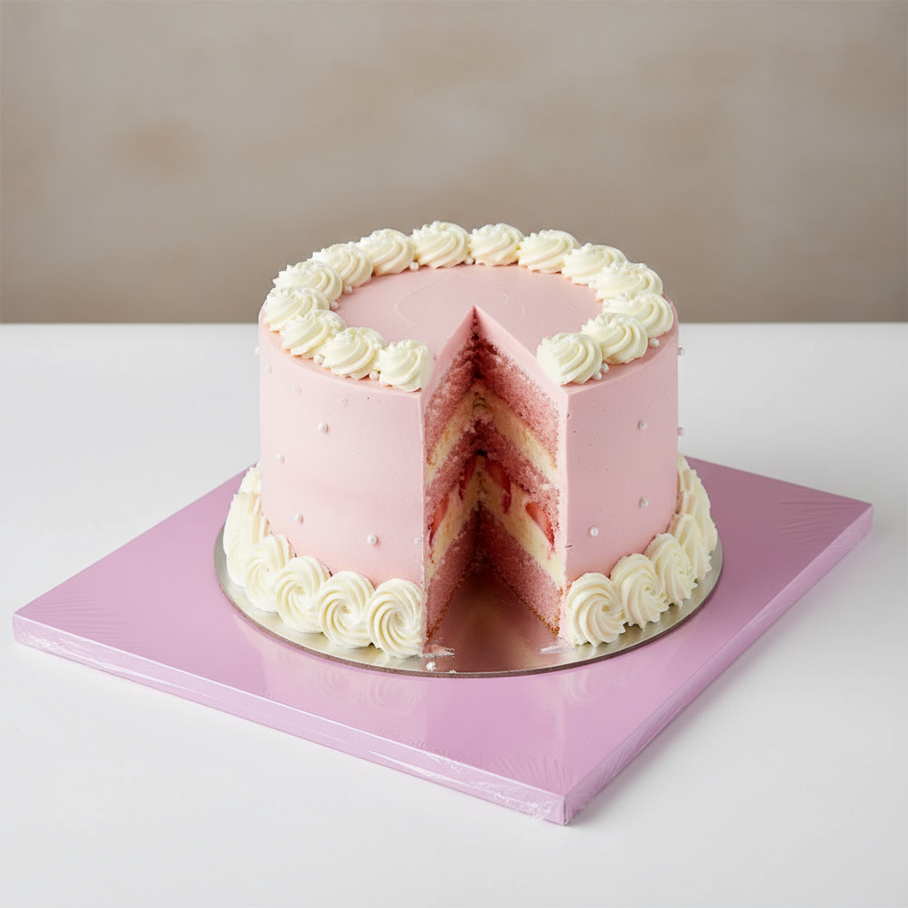 Tortenplatte quadratisch pastelllila mit rosa Torte
