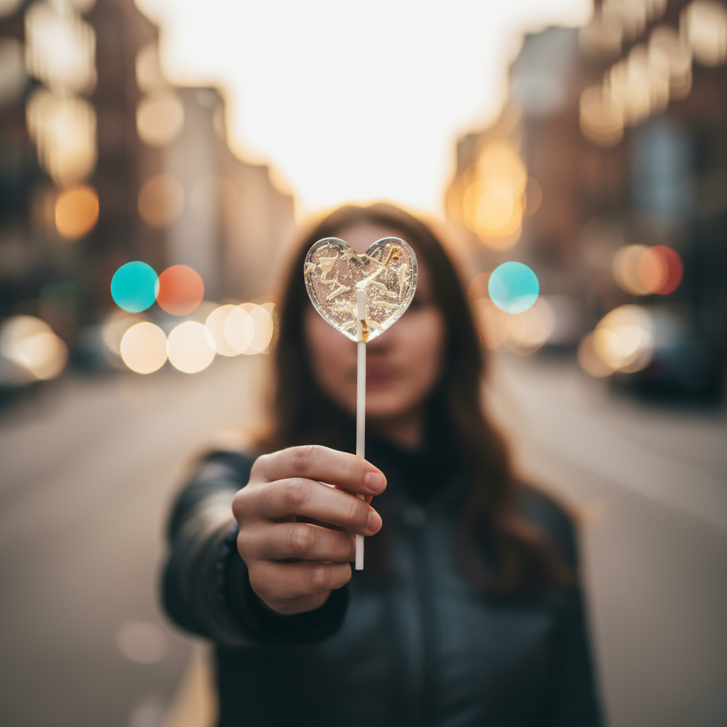 Herzförmiger Blütenlolli True Love weiße Kornblumenblüten in Hand gehlaten vor Straßenhintergrund