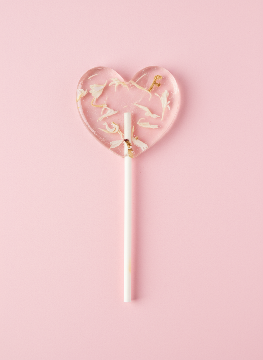 Blütenlolli Herzform weiße Kornblumenblüten und Blattgold rosa Hintergrund