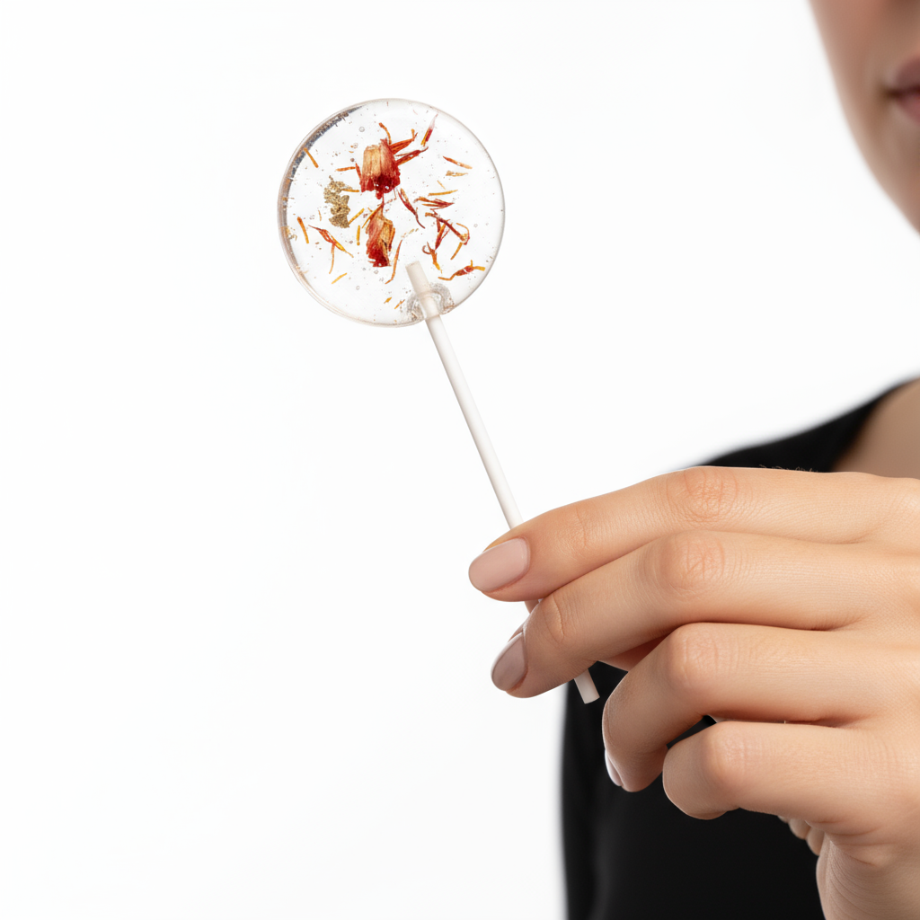 Blütenlolli Indian Summer mit Saflor und Blattgold in einer Hand gehalten