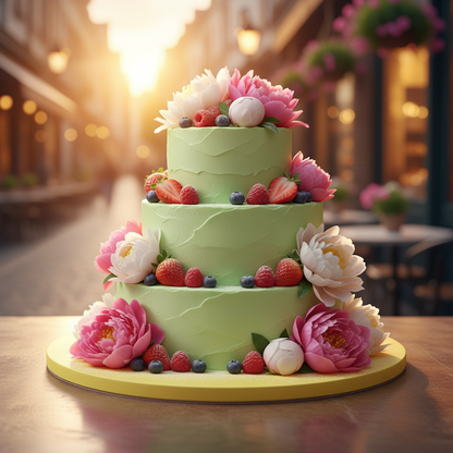 gelbe Tortenplatte mit grüner 3 stöckiger Torte mit Blumen