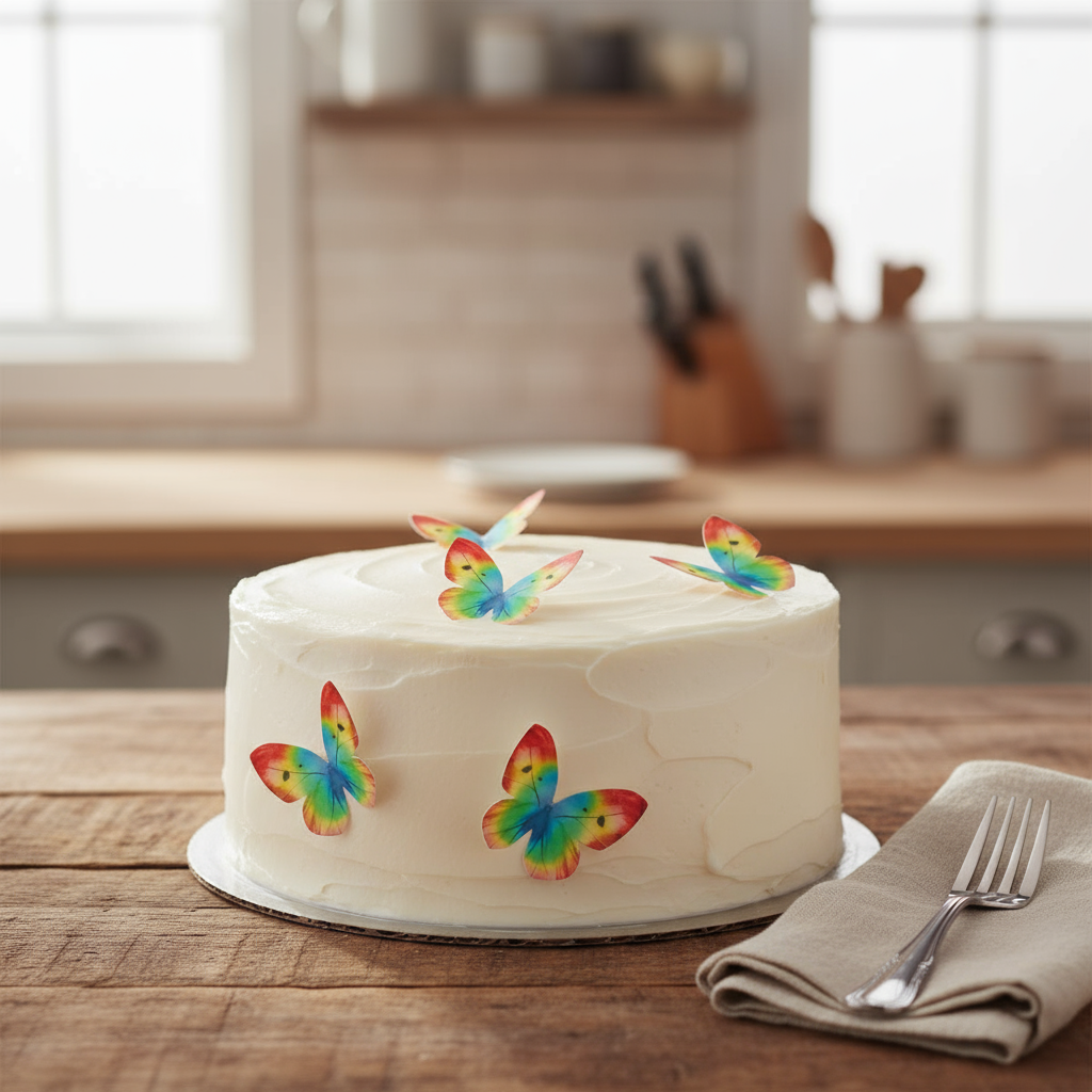 weiße Cremetorte mit Oblaten Schmetterlingen Regenbogen in Küche