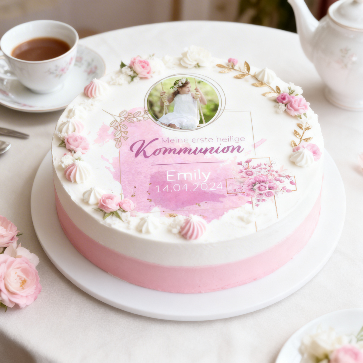 Tortenbild Kommunion - Konfirmation Kreuz Pink Rund – Bild 3