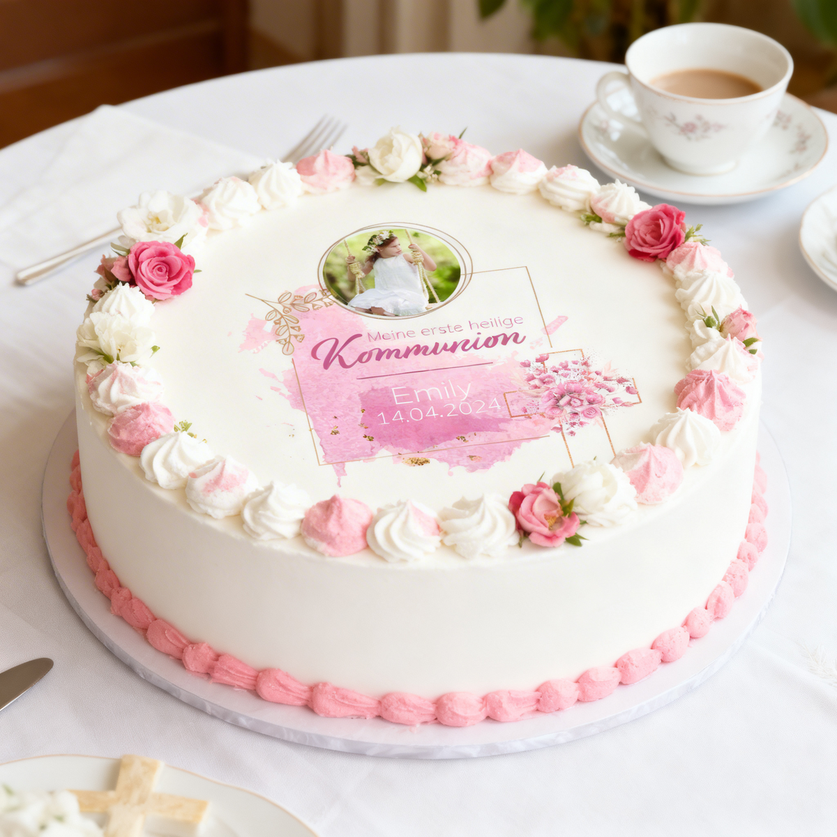Tortenbild Kommunion - Konfirmation Kreuz Pink Rund – Bild 2