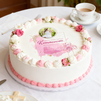 Tortenbild Kommunion - Konfirmation Kreuz Pink Rund – Bild 2