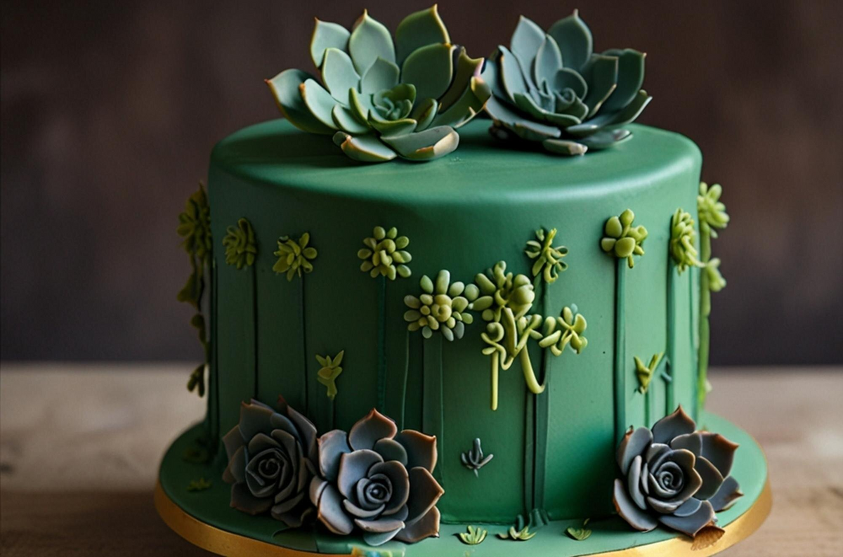 schöne dunkelgrün dekorierte Torte mit ausgerollter Fondantdecke Forest Green