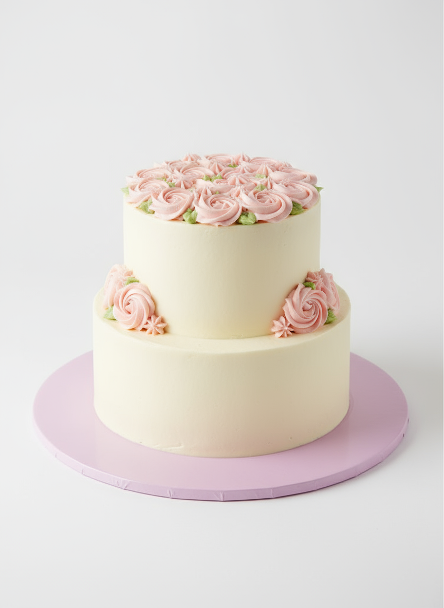Tortenplatte pastell Purple rund mit heller 2 Etagen Torte und Blumendeko