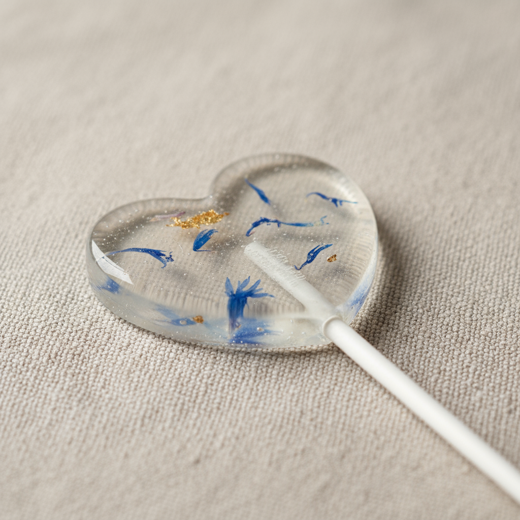 Blütenlolli Herzform  blue Kornblumenblüten liegend