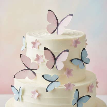 zweistöckige Torte mit Schmetterlingen und Blumen rosa und hellblau