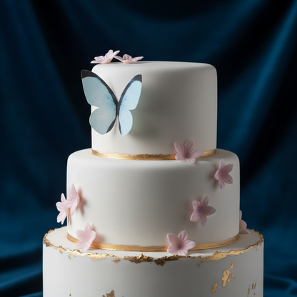 mehrstöckige Torte mit blauem Schmetterling aus Oblate und rosa Blüten