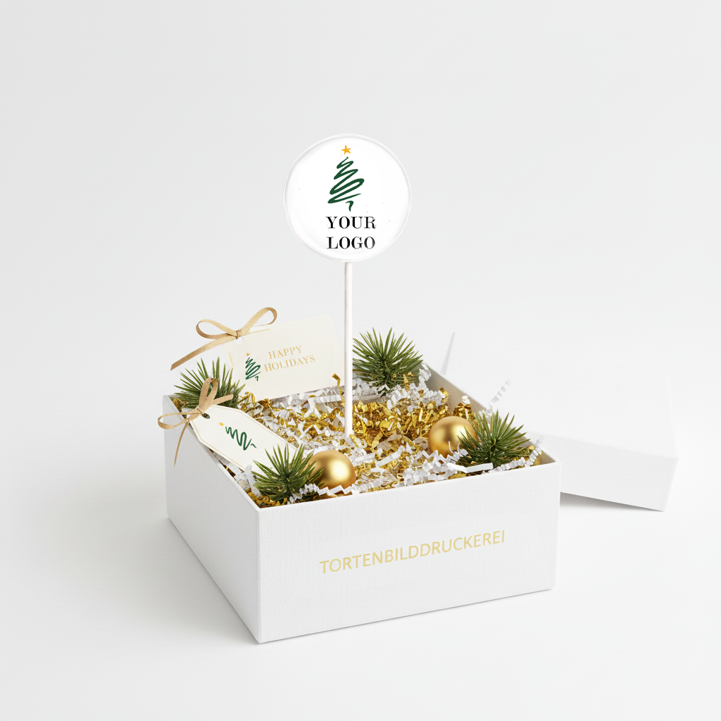 MotivLolli Weihnachtsbaum b2b mit Logo in Schachtel stehend mit Weihnachtsdeko
