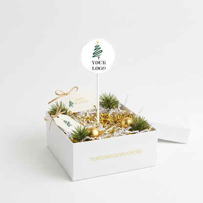 MotivLolli Weihnachtsbaum b2b mit Logo in Schachtel stehend mit Weihnachtsdeko
