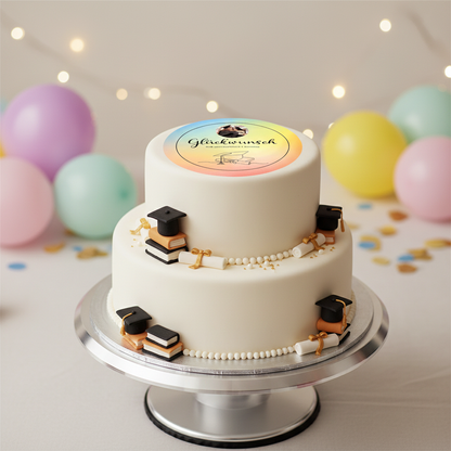 Motivtortenbild Abchluß Glückwunsch zur bestandenen Prüfung auf 2 stöckiger Torte