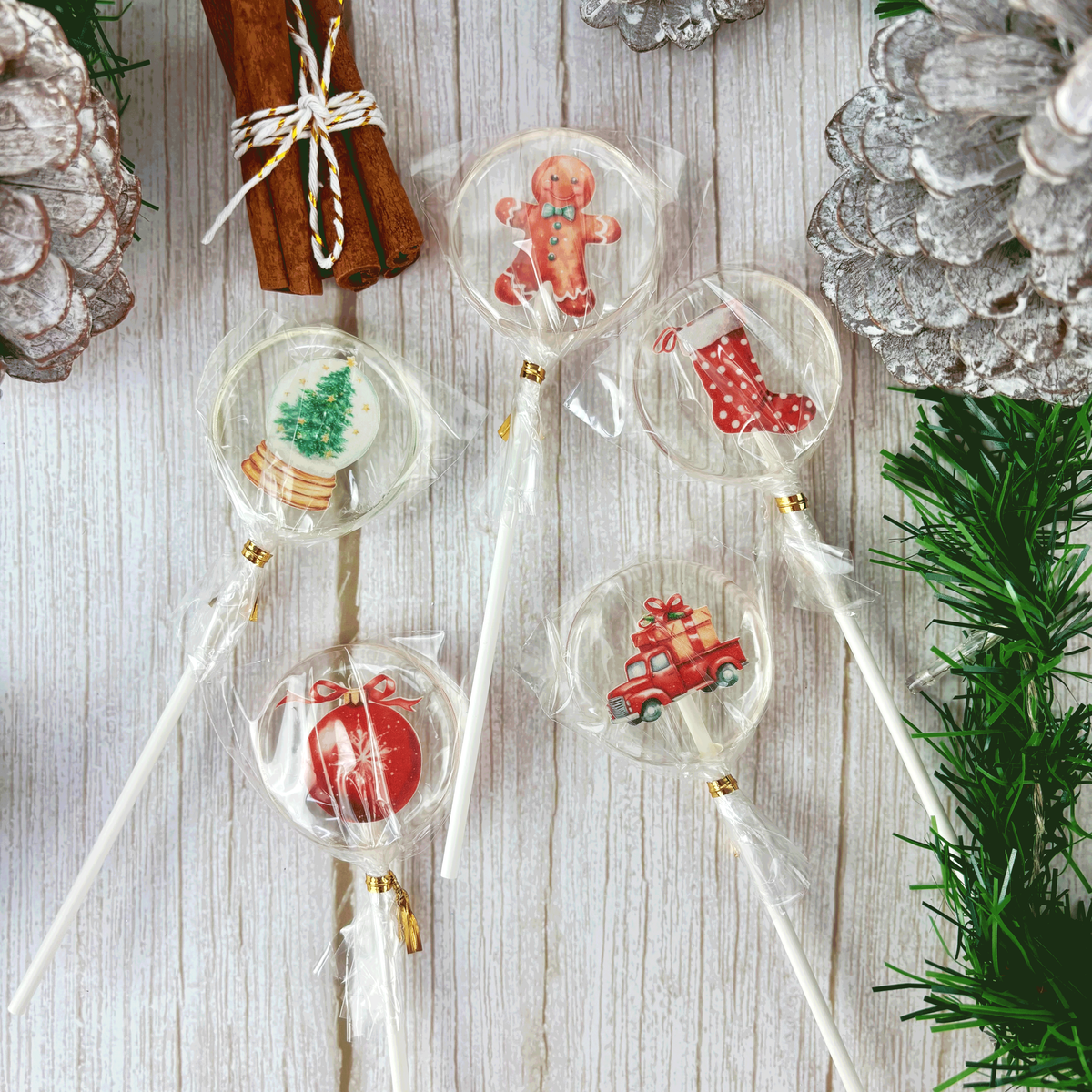 weihnachtslollis Motiv Set 1 Socke, Lebkuchenmann, Auto, Kugel, Schneekugel