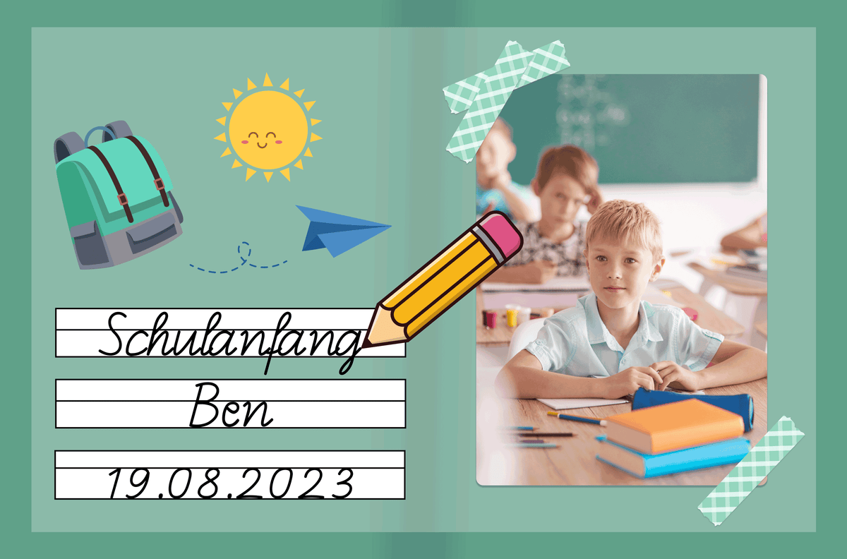 Tortenbild zur Einschulung Schreibheft Grün