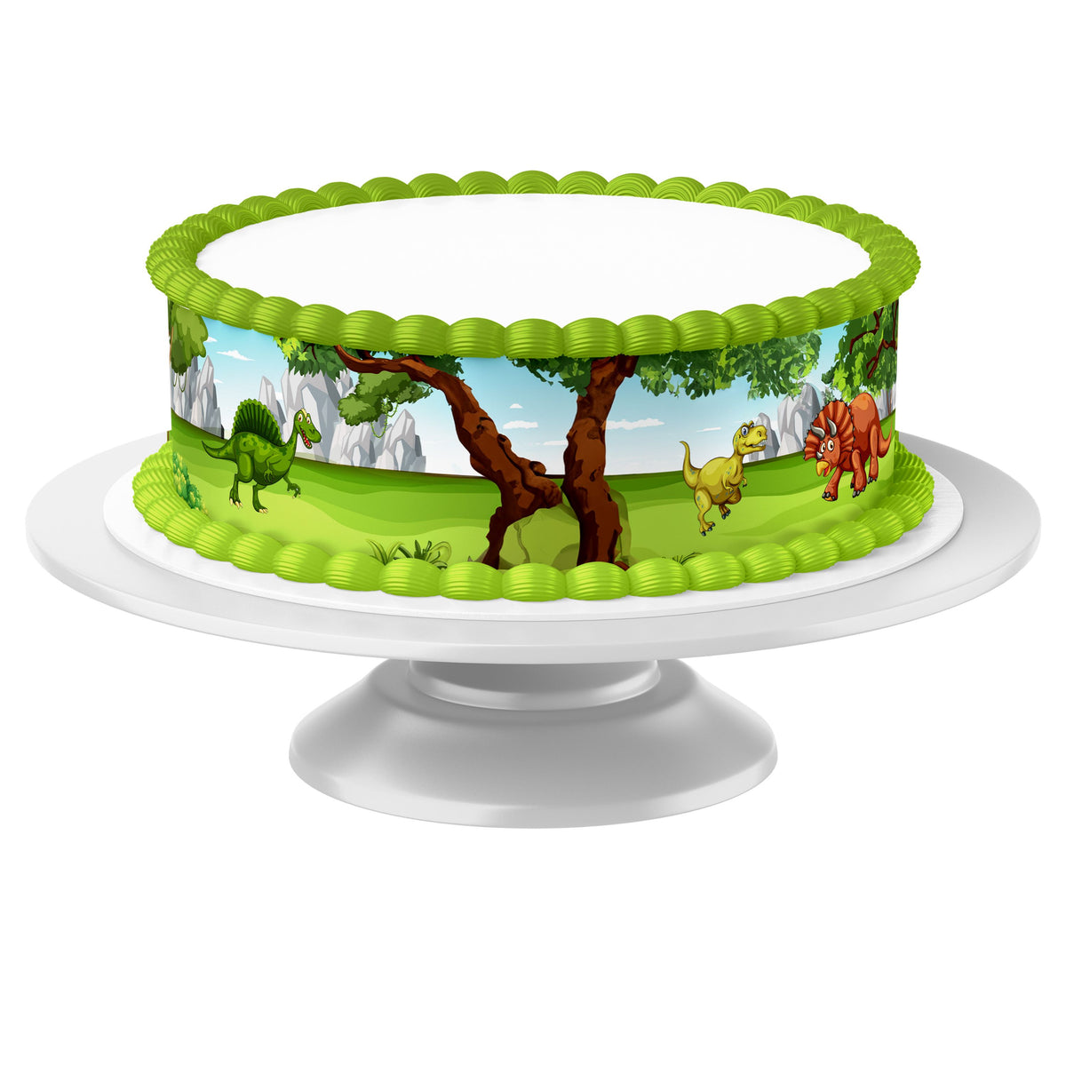 Tortenband Dinosaurier um Torte auf Tortenständer