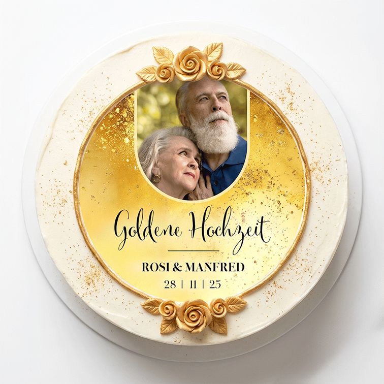 TortenBild zur goldenen Hochzeit mit eleganem Goldenen Ramen auf einer Torte mit goldenen Rosen
