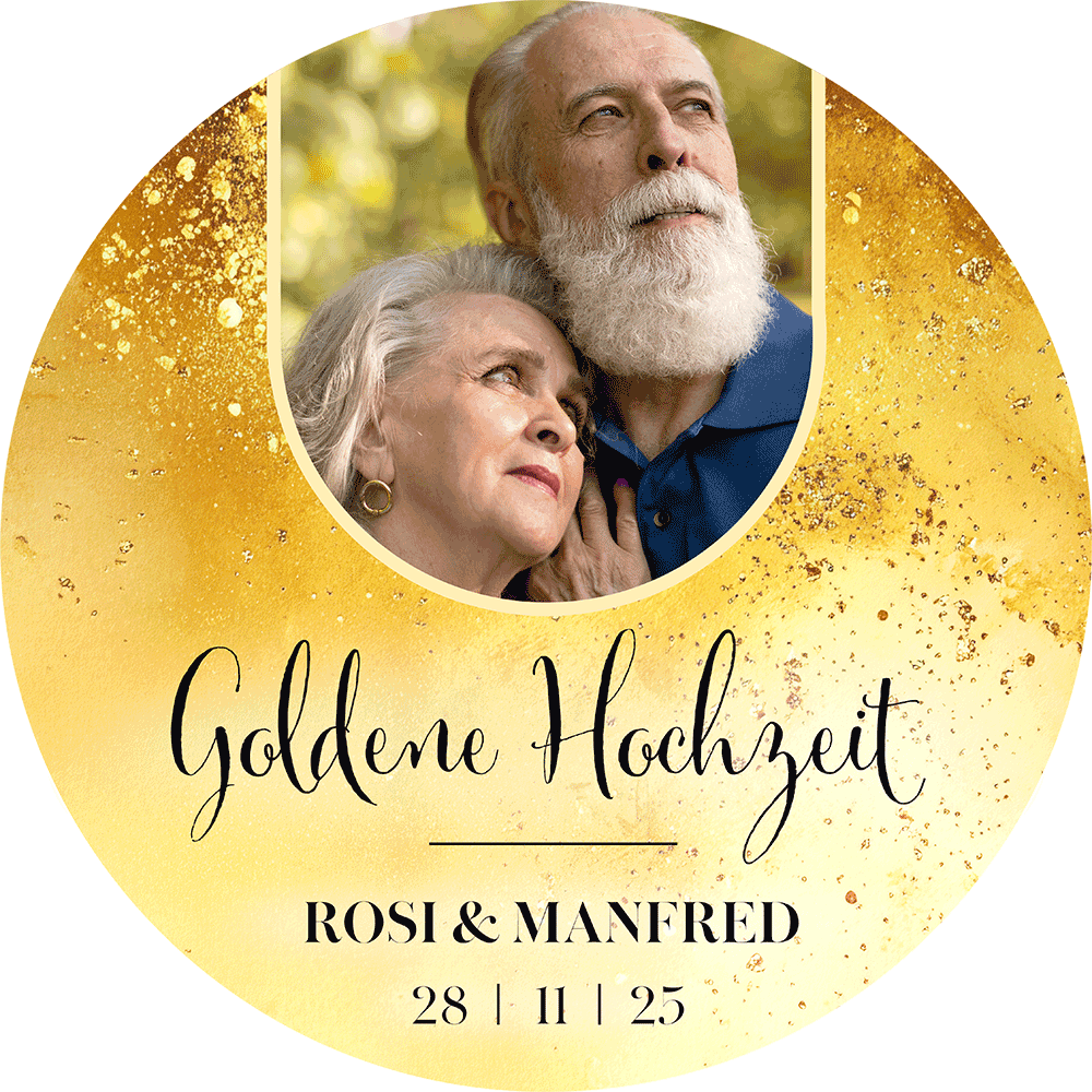TortenBild zur goldenen Hochzeit mit eleganem Goldenen Ramen, Namen und Datum