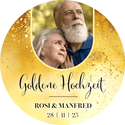TortenBild zur goldenen Hochzeit mit eleganem Goldenen Ramen, Namen und Datum
