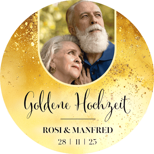 TortenBild zur goldenen Hochzeit mit eleganem Goldenen Ramen, Namen und Datum