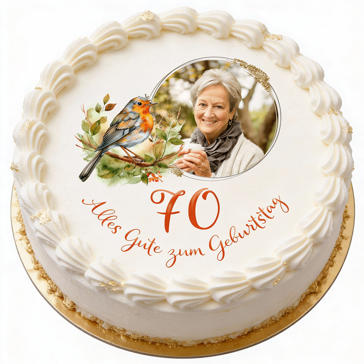 Geburtstags-Tortenaufleger mit Rotkehlchen-Motiv auf Kuchen