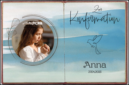 Tortenbild Konfirmation Kommunion Aquarellblau mit Foto und Name