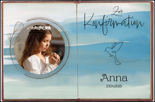 Tortenbild Konfirmation Kommunion Aquarellblau mit Foto und Name