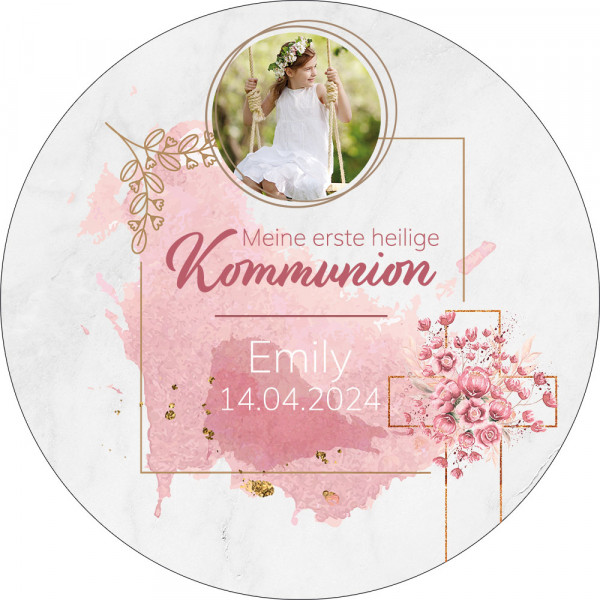 Tortenbild Kommunion - Konfirmation Kreuz Pink Rund